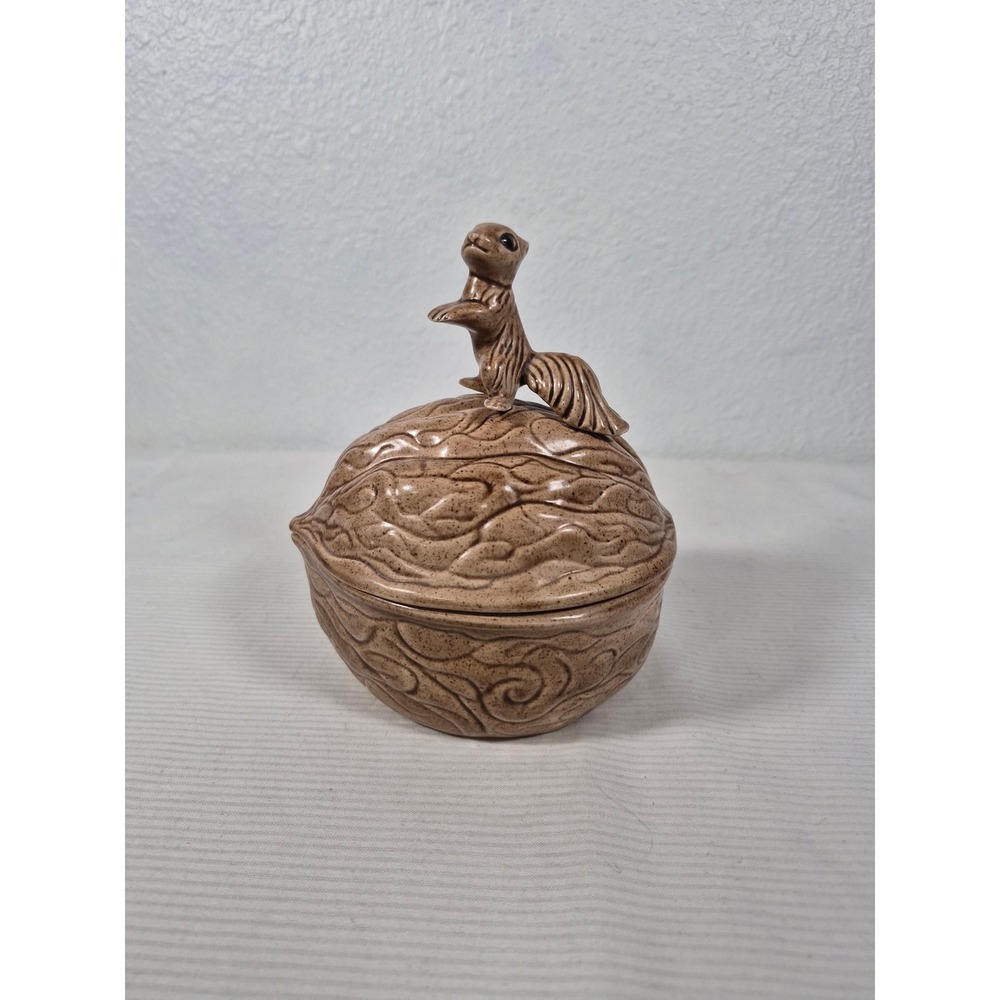 Vintage Ceramic Squirrel on Walnut Trinket Dish Lidded Nut Bowl Brown Speckled